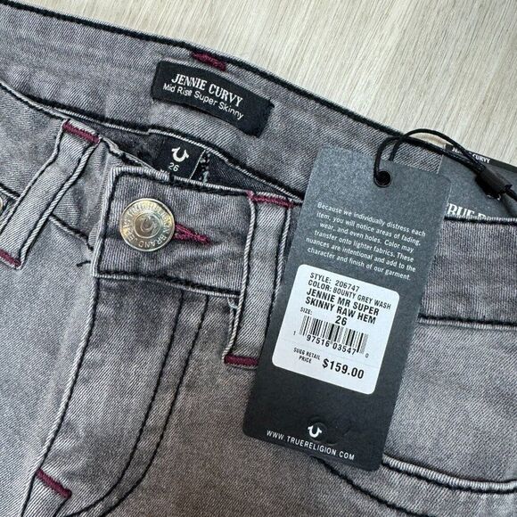 True Religion Jennie Curvy Mid Rise Skinny Jeans Womens 26 Grey Wash Raw Hem - Picture 3 of 3